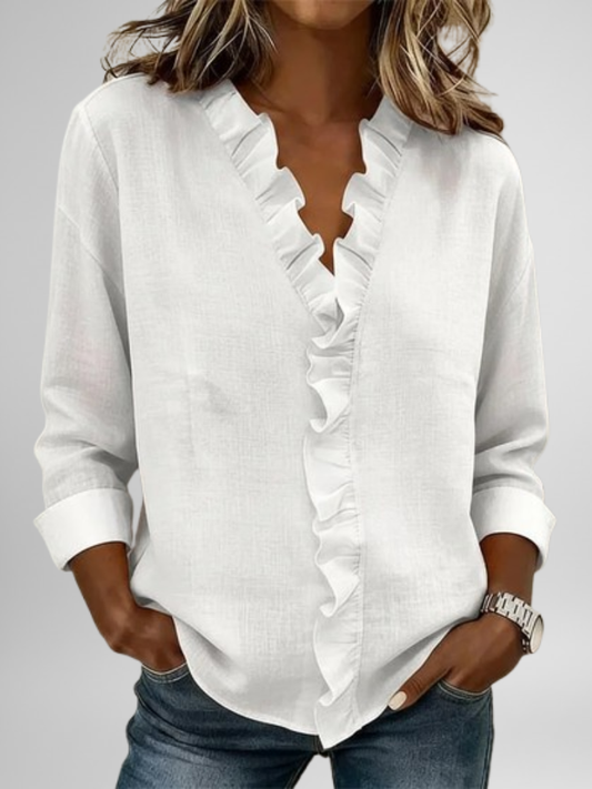Amoura | Blouse à volants, col en V et manches longues