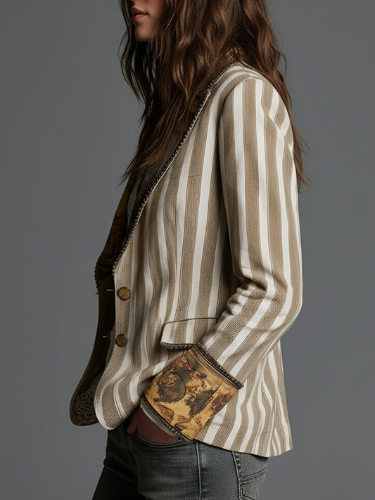 Blazer à revers imprimé à rayures bohème pour femme
