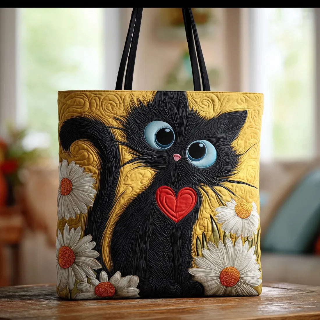 Sac artisanal - Chat noir aux marguerites