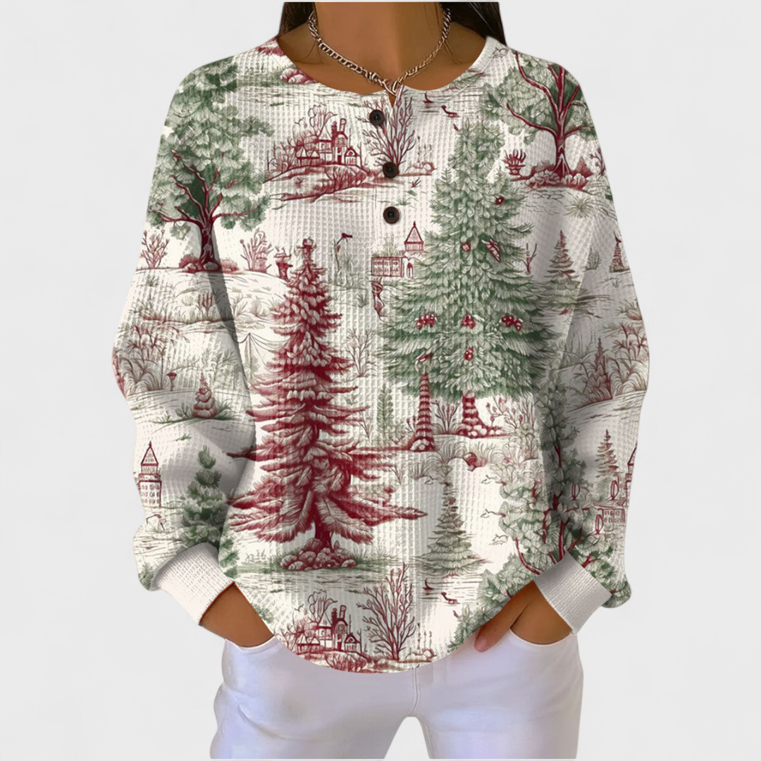 Pull femme à col boutonné et imprimé sapin de Noël