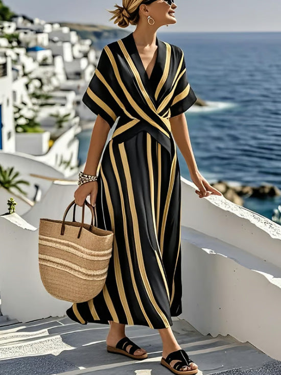 Elara | Robe longue portefeuille à rayures