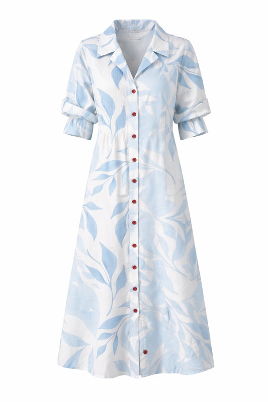 Elena | Robe midi florale boutonnée, à manches longues