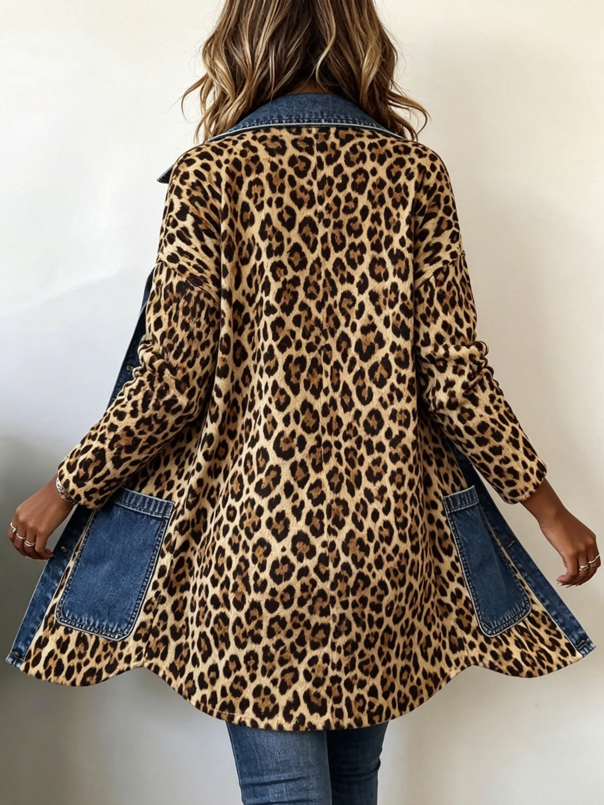 Fablenne™ | Veste longue avec empiècements en denim à imprimé léopard
