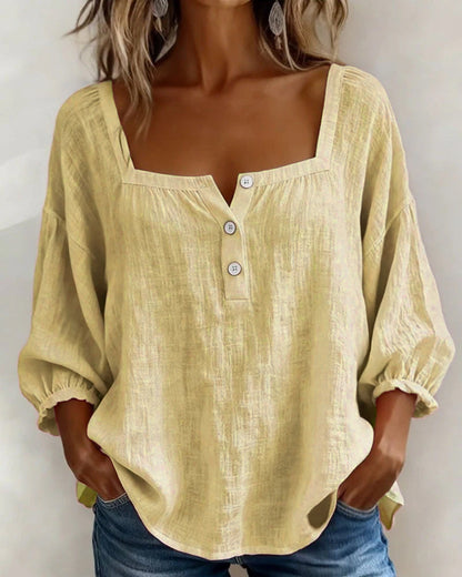 Arianne | Blouse pour femme à col carré, manches 3/4 bouffantes et boutonnage