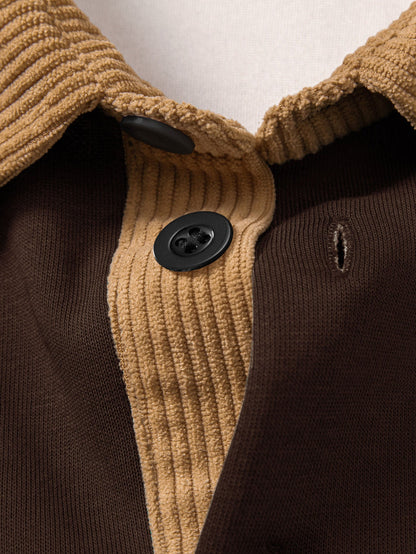 Sweat-shirt coupe décontractée pour homme à col polo en velours côtelé contrastant