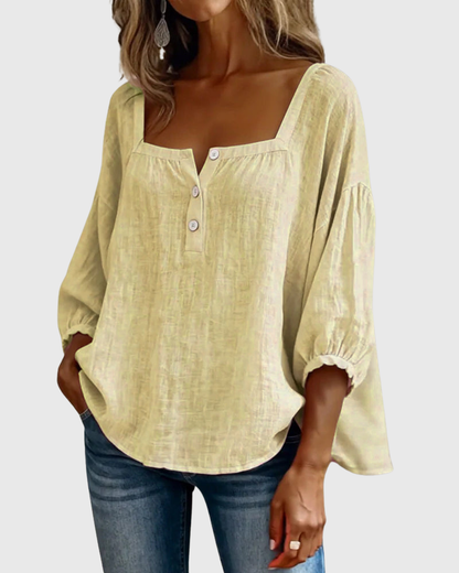Arianne | Blouse pour femme à col carré, manches 3/4 bouffantes et boutonnage