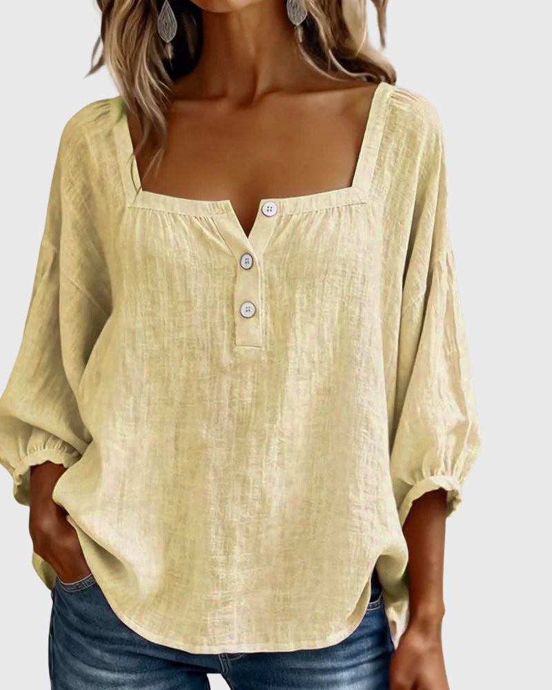 Arianne | Blouse pour femme à col carré, manches 3/4 bouffantes et boutonnage