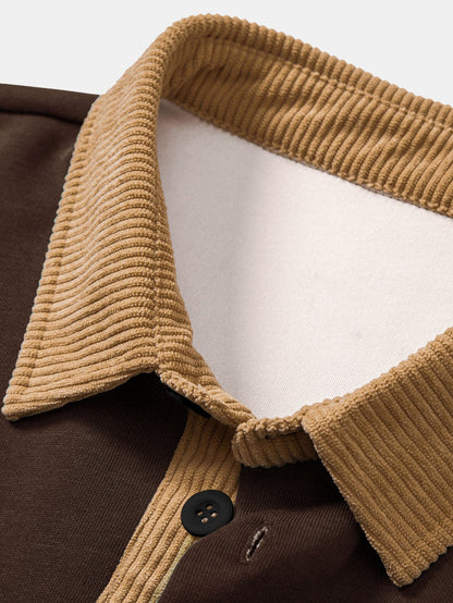 Sweat-shirt coupe décontractée pour homme à col polo en velours côtelé contrastant