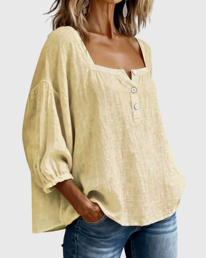 Arianne | Blouse pour femme à col carré, manches 3/4 bouffantes et boutonnage