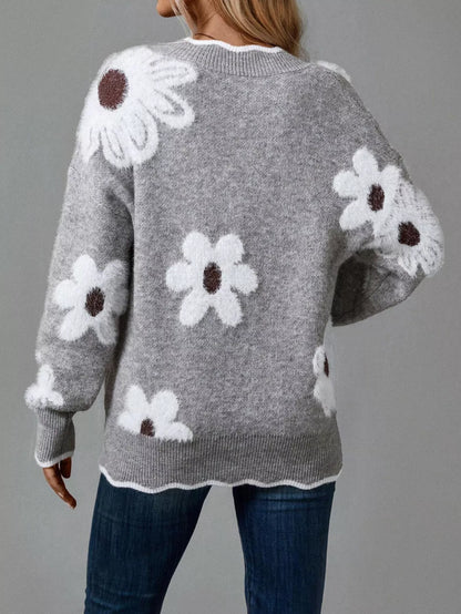 Pull à col en V et manches longues à motif floral pour femme