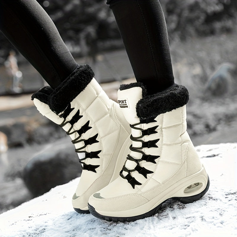 Bottes de neige mi-mollet à lacets avec manchette en fausse fourrure pour femme