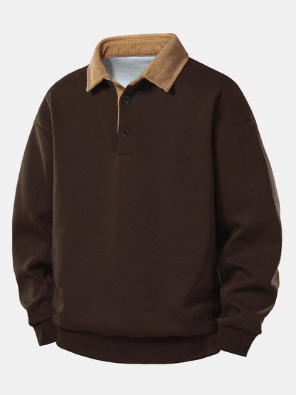 Sweat-shirt coupe décontractée pour homme à col polo en velours côtelé contrastant