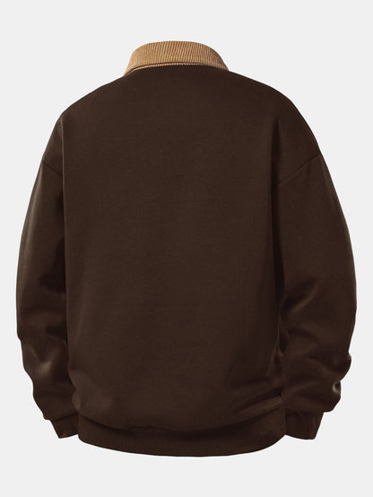 Sweat-shirt coupe décontractée pour homme à col polo en velours côtelé contrastant