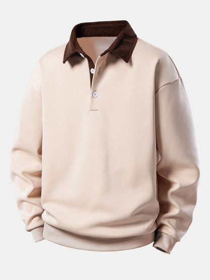 Sweat-shirt coupe décontractée pour homme à col polo en velours côtelé contrastant