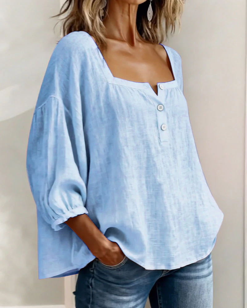 Arianne | Blouse pour femme à col carré, manches 3/4 bouffantes et boutonnage