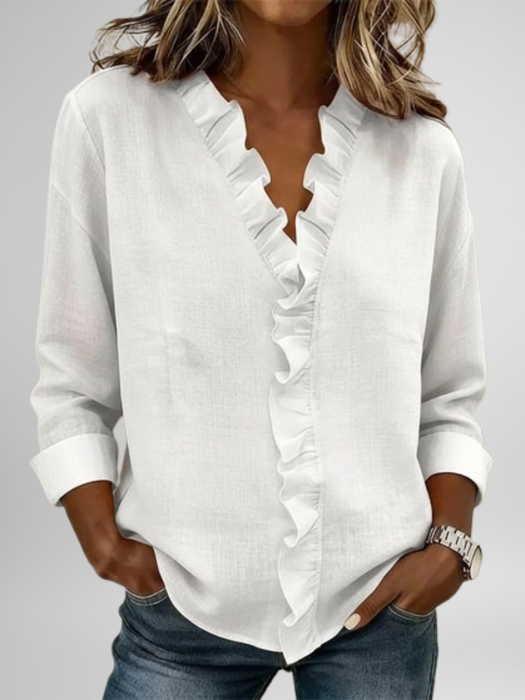 Amoura | Blouse à volants, col en V et manches longues