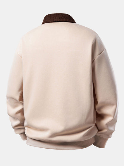 Sweat-shirt coupe décontractée pour homme à col polo en velours côtelé contrastant