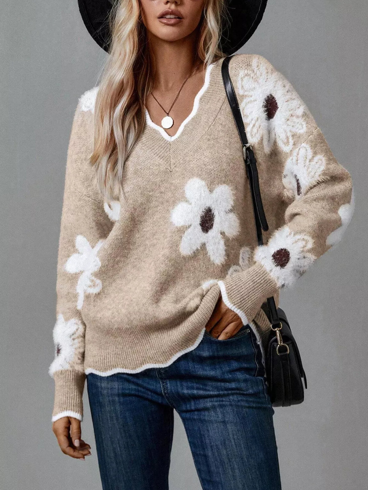 Pull à col en V et manches longues à motif floral pour femme