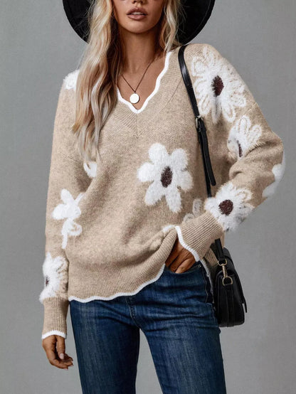 Pull à col en V et manches longues à motif floral pour femme