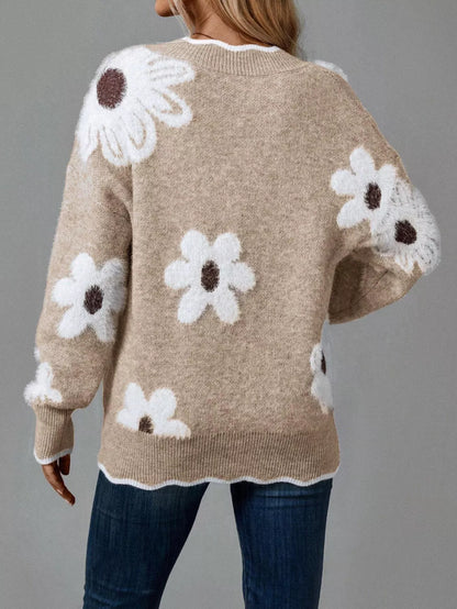 Pull à col en V et manches longues à motif floral pour femme