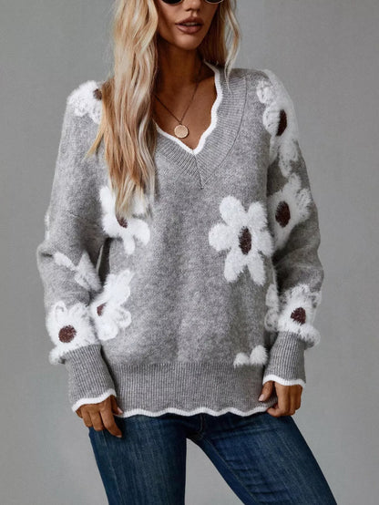 Pull à col en V et manches longues à motif floral pour femme