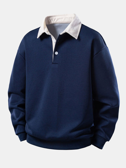 Sweat-shirt coupe décontractée pour homme à col polo en velours côtelé contrastant