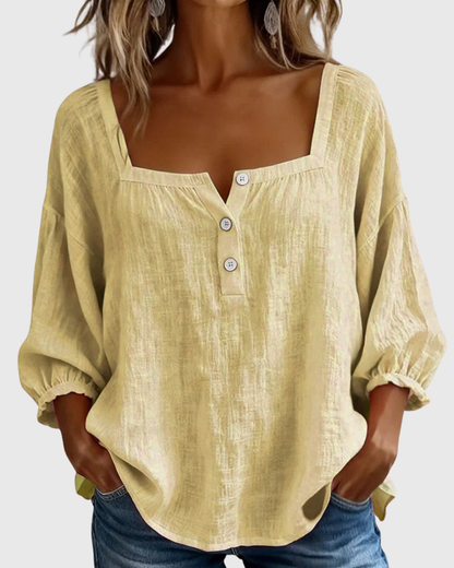 Arianne | Blouse pour femme à col carré, manches 3/4 bouffantes et boutonnage