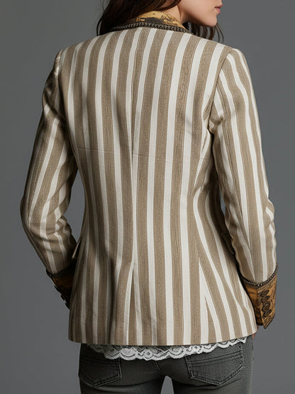 Blazer à revers imprimé à rayures bohème pour femme