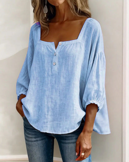 Arianne | Blouse pour femme à col carré, manches 3/4 bouffantes et boutonnage