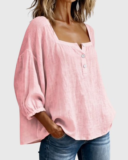 Arianne | Blouse pour femme à col carré, manches 3/4 bouffantes et boutonnage
