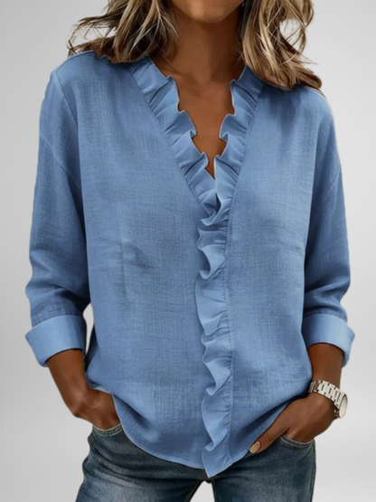 Amoura | Blouse à volants, col en V et manches longues