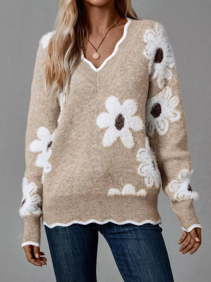 Pull à col en V et manches longues à motif floral pour femme