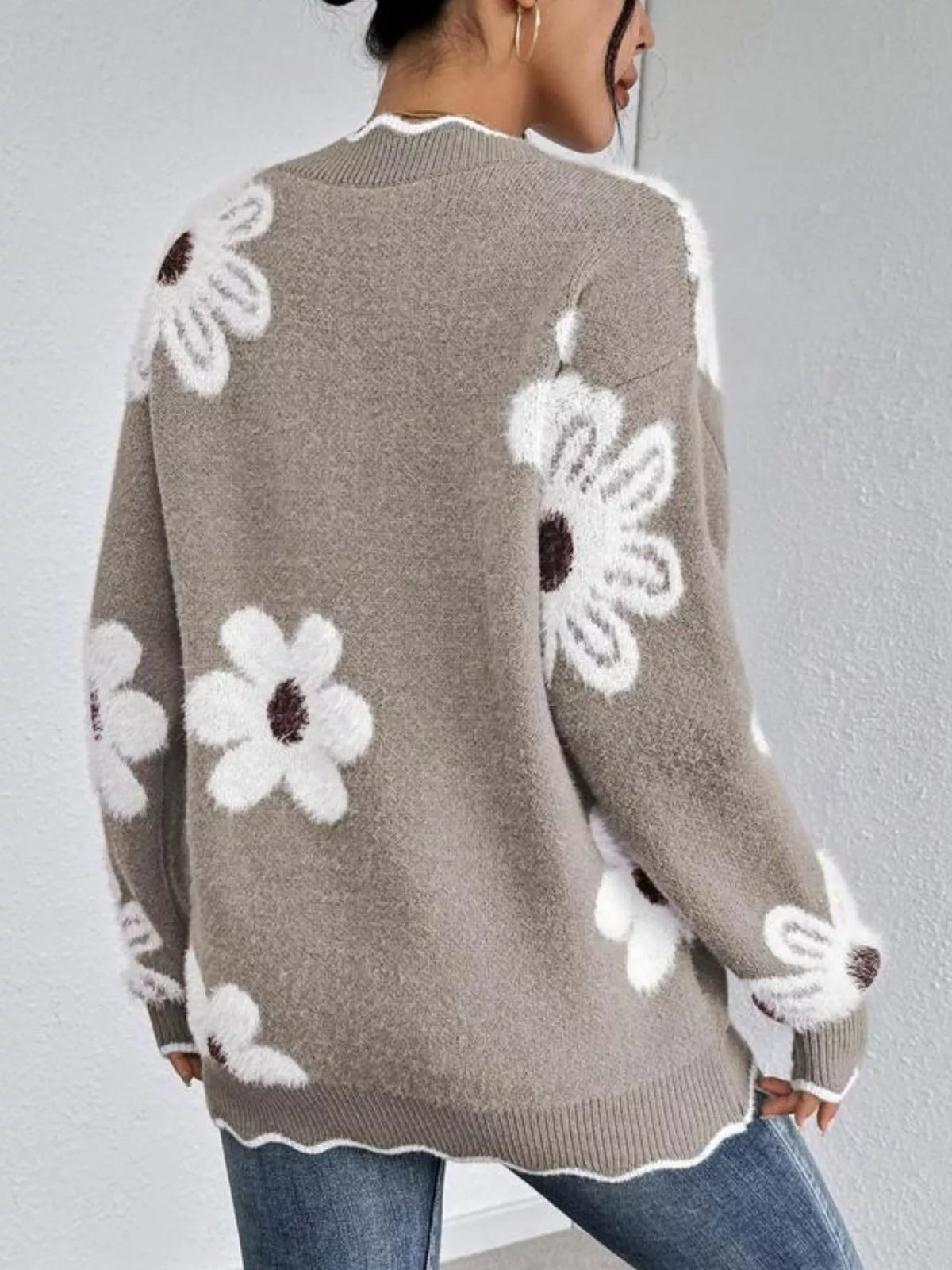 Pull à col en V et manches longues à motif floral pour femme