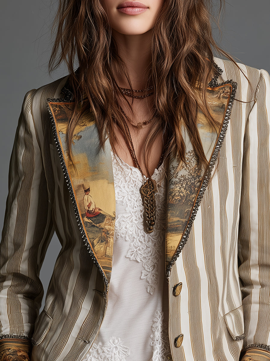 Blazer à revers imprimé à rayures bohème pour femme