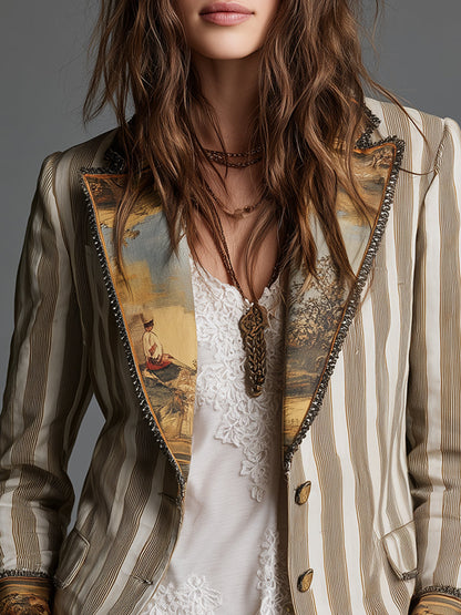 Blazer à revers imprimé à rayures bohème pour femme