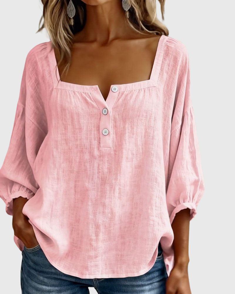 Arianne | Blouse pour femme à col carré, manches 3/4 bouffantes et boutonnage