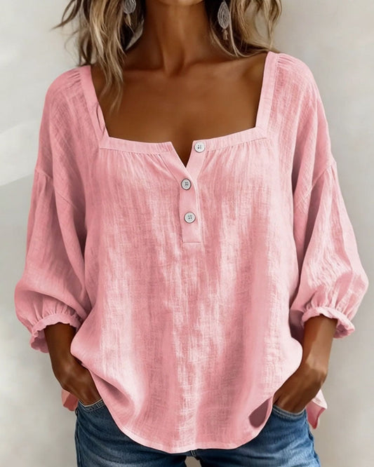 Arianne | Blouse pour femme à col carré, manches 3/4 bouffantes et boutonnage
