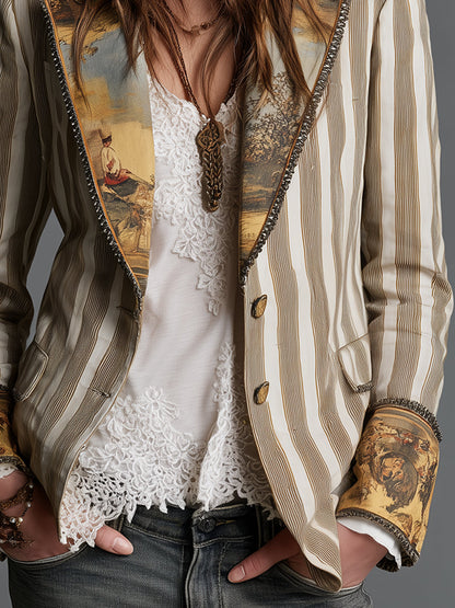 Blazer à revers imprimé à rayures bohème pour femme