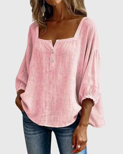 Arianne | Blouse pour femme à col carré, manches 3/4 bouffantes et boutonnage