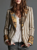 Blazer à revers imprimé à rayures bohème pour femme