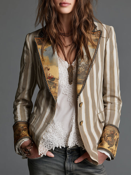 Blazer à revers imprimé à rayures bohème pour femme