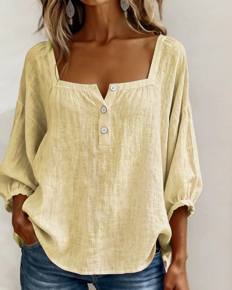 Arianne | Blouse pour femme à col carré, manches 3/4 bouffantes et boutonnage