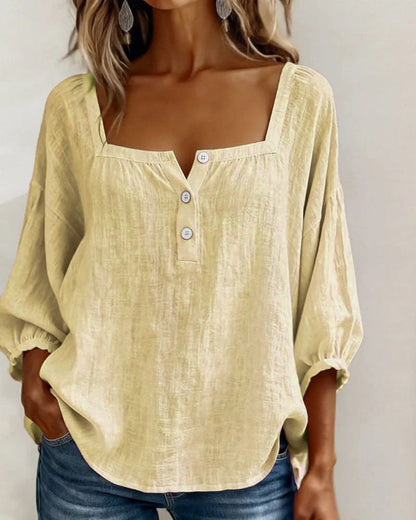 Arianne | Blouse pour femme à col carré, manches 3/4 bouffantes et boutonnage