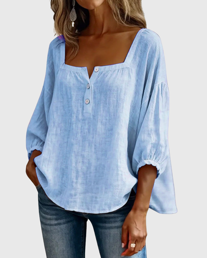 Arianne | Blouse pour femme à col carré, manches 3/4 bouffantes et boutonnage
