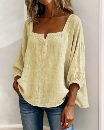 Arianne | Blouse pour femme à col carré, manches 3/4 bouffantes et boutonnage