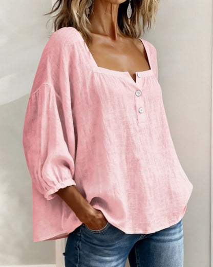 Arianne | Blouse pour femme à col carré, manches 3/4 bouffantes et boutonnage