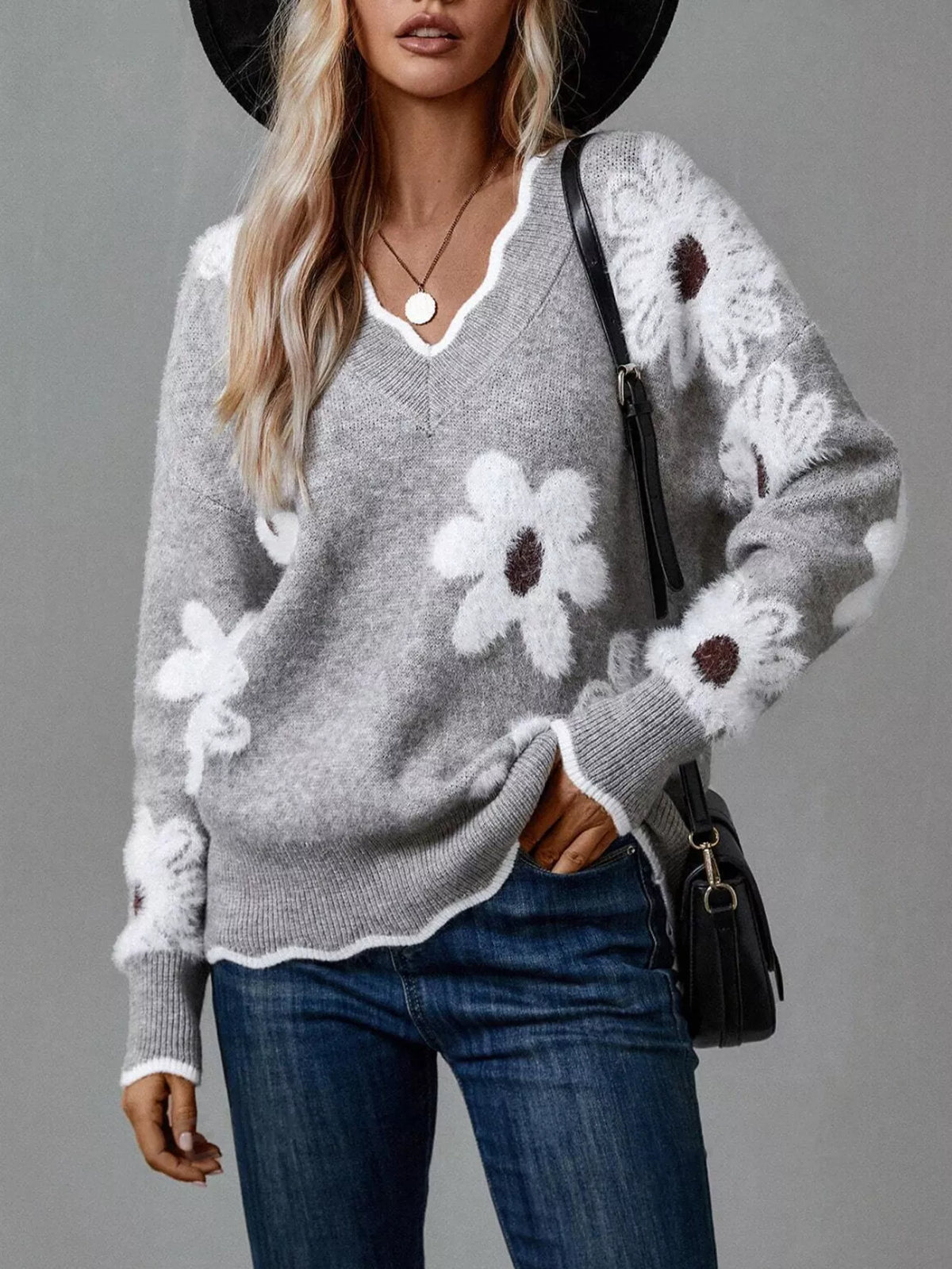 Pull à col en V et manches longues à motif floral pour femme