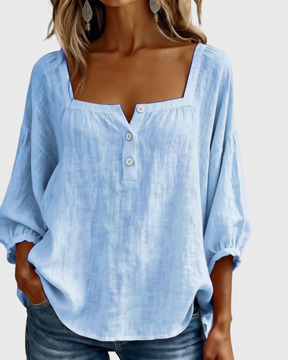 Arianne | Blouse pour femme à col carré, manches 3/4 bouffantes et boutonnage