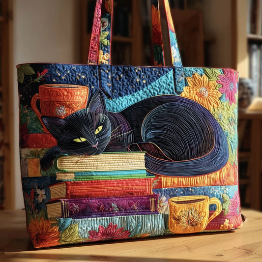 Sac fourre-tout artisanal - Chat noir avec livres et tasses