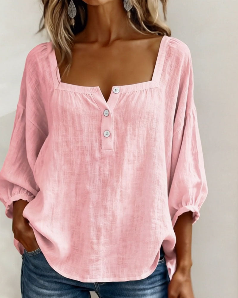 Arianne | Blouse pour femme à col carré, manches 3/4 bouffantes et boutonnage